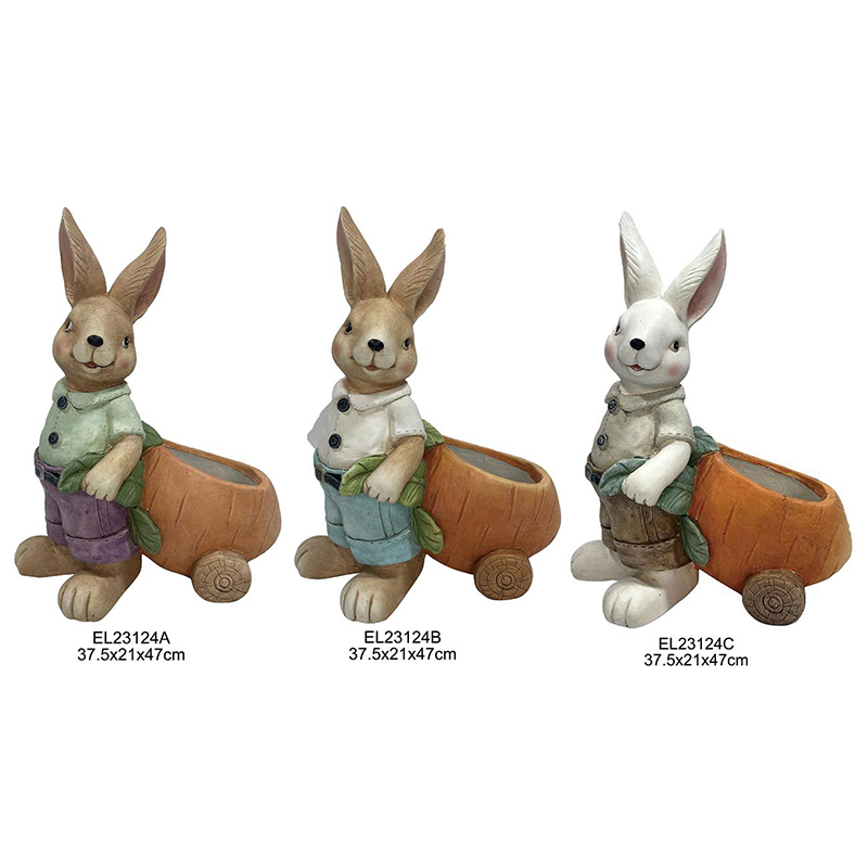 Garden Decor Spring Collection Rabbit Figurines Luav nrog Ib Nrab Qe Planters nrog Carrot Carriages (1)