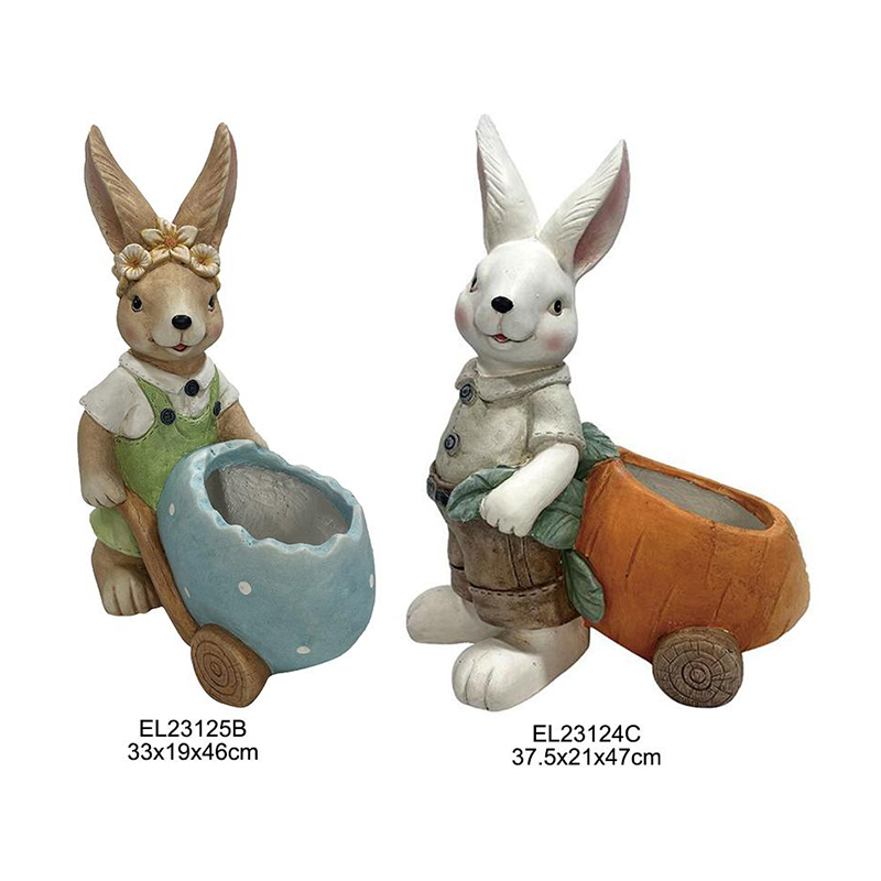 Palamuti sa Hardin Koleksyon ng Tagsibol Mga Figurine ng Kuneho Mga Kuneho na may Half Egg Planters na may Mga Carrot Carriage (2)