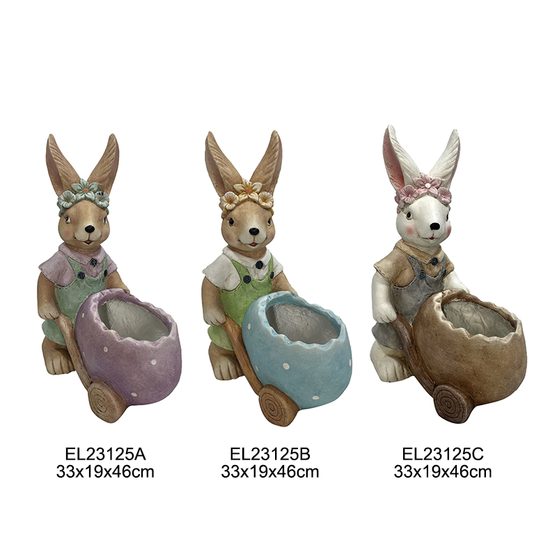 Decoração de jardim Coleção de primavera Estatuetas de coelho Coelhos com plantadores de meio ovo com carruagens de cenoura (6)