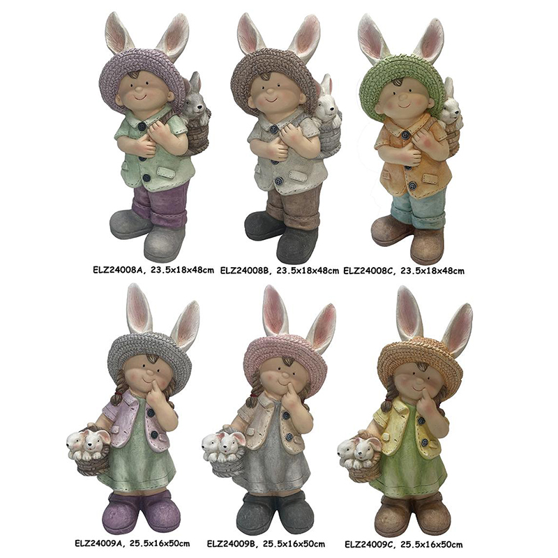 Рачно изработени Момчиња и Девојки зајаци со зајаче кошничка другари Статуи за внатрешен декор на отворено (1)