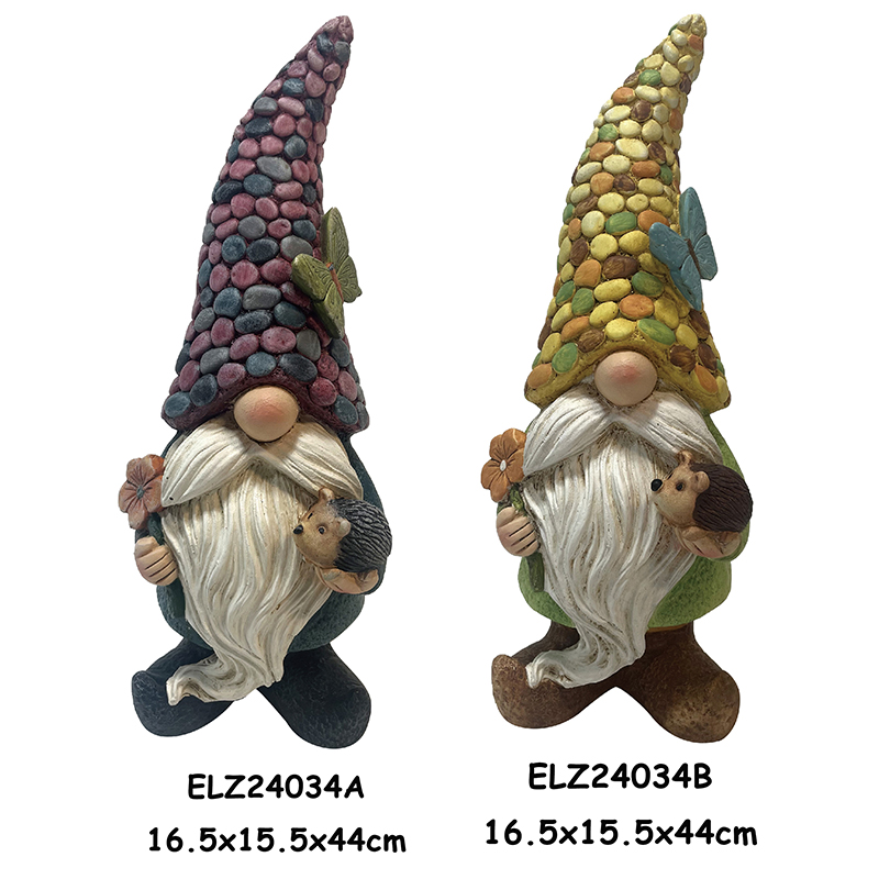 Ohun ọṣọ Ọgba Whimsical Enchanting Gnomes Statues Ti a ṣe Ọwọ Fiber Clay Gnomes pẹlu Awọn fila Awọ (2)