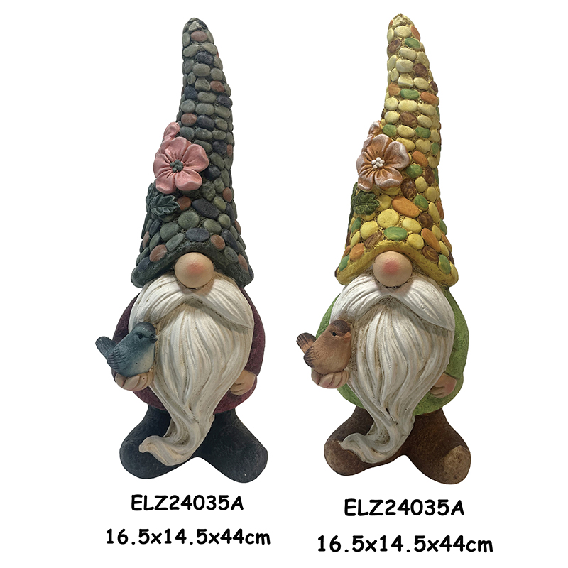 Igishushanyo Cyiza Cyubusitani Bwiza Gnomes Ibishusho Byakozwe na Fibre Clay Gnomes hamwe ningofero zamabara (3)