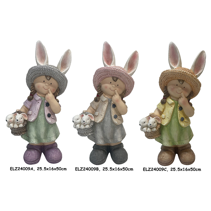 Handcrafted Boy and Girl Rabbit Companions Bunny Basket Buddies Statues Outdoor Indoor Decor (2)