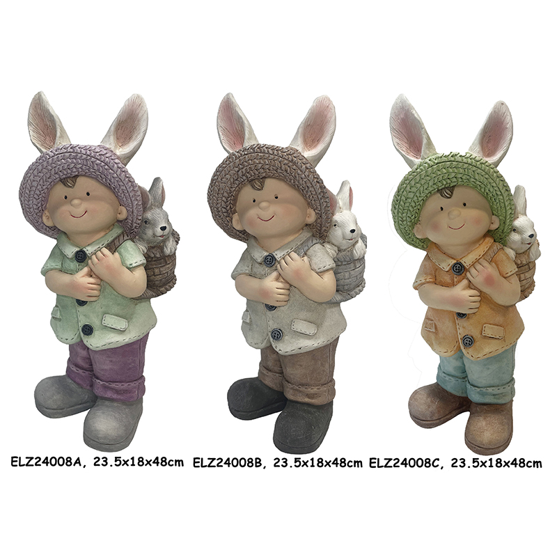Handcrafted Boy and Girl Rabbit Companions Bunny Basket Buddies Statues Outdoor Indoor Decor (3)