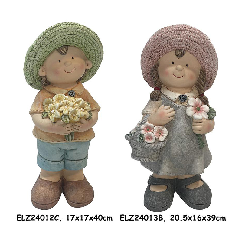 Handcrafted Rustic Duo of Nature Blossom Boy and Girl Statue Fiber Clay Statues for Home And Garden (1)