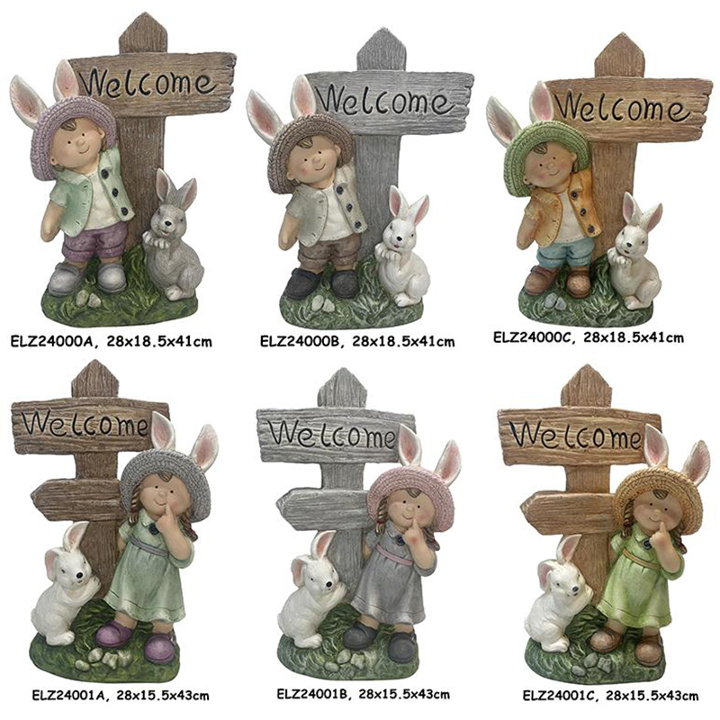 Handmade Fiber Clay Cheerful Boy and Girl Holding Welcome Sign Home and Garden Decor (1)