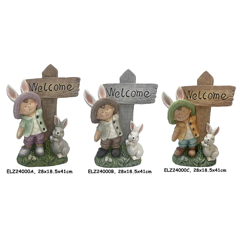 Handmade Fiber Clay Cheerful Boy and Girl Holding Welcome Sign Home and Garden Decor (3)