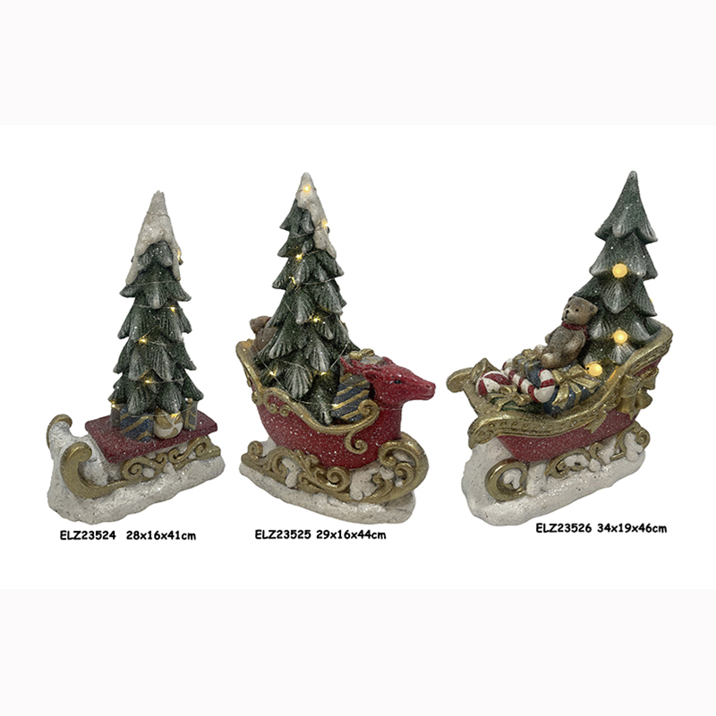 Resin Clay Crafts CHRISTMAS TREES DECOR WITH SLEIGH REINDEER CAR WITH LED LIGHTS (1)